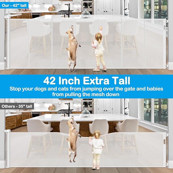 Reinforced 42??Extra Tall X 159??Extra Wide Retractable Gate Indoor Prevent Kids and Pets from Getting Through Tall Retractable Baby Gates for Doorways Pet Gates for Wide Openings Mesh Baby Gate White