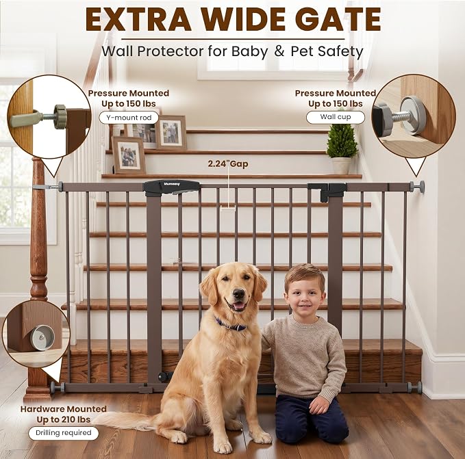 Mumeasy 29.7–51 Inch Extra Wide Baby Gate for Stairs, Extra Long Indoor Dog Gate for Doorways, Pressure Mounted Walk Thru Child Gate with Auto-Close, No-Drill Safety Pet Gate with Door for House,Brown
