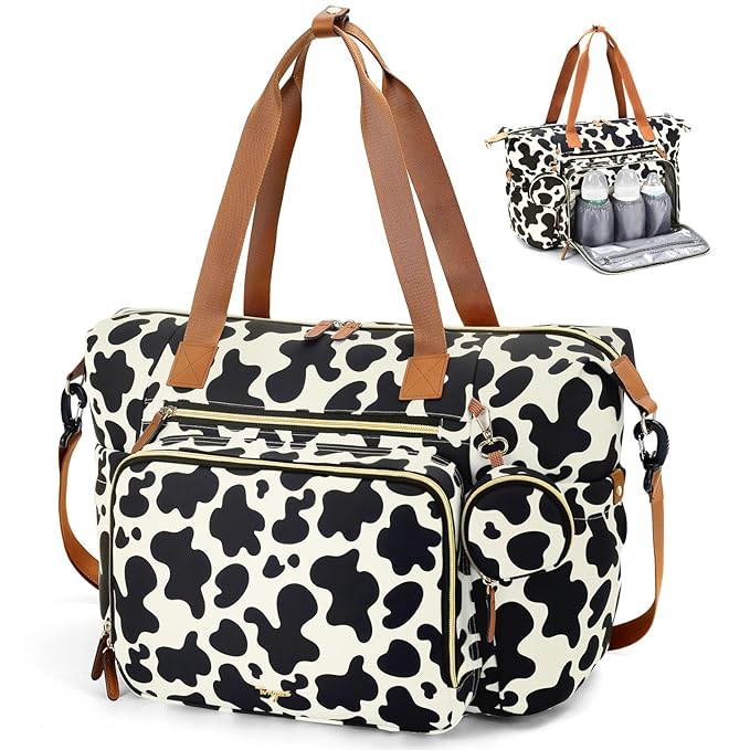 Diaper Bag Tote, Large Baby Diaper Bags for Travel, Hospital Bag for Labor Delivery with Pacifier Case, Changing Pad, Shoulder Strap, Cow Print