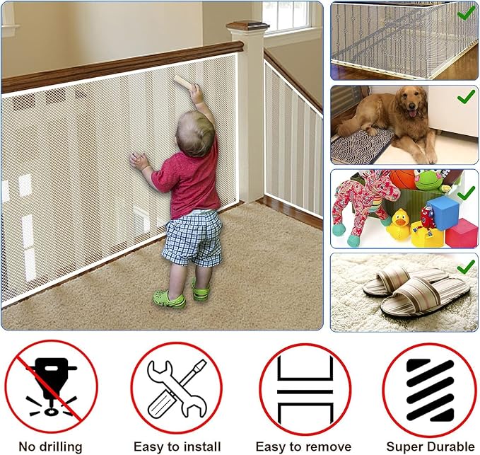 Baby Gate for Stairs, Banister Guard for Kids, Pets, Toys, 26.2ft L x 2.66 ft H, Mesh Netting Safety Net for Balcony Rail Stair, Stairway Net Baby Safety Products for Indoor & Outdoor (White)