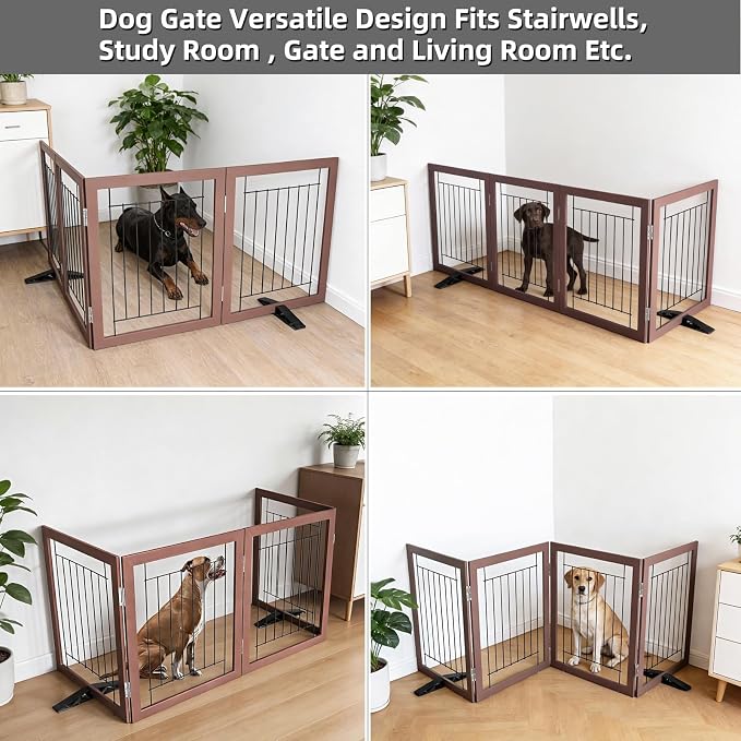 Dog Fence Indoor - 4-Panel Freestanding Dog Gate for Doorways, Hallways, House or Stairs -80x32-Inch Retractable Foldable Expandable Wood Pet by SFJC (Brown)