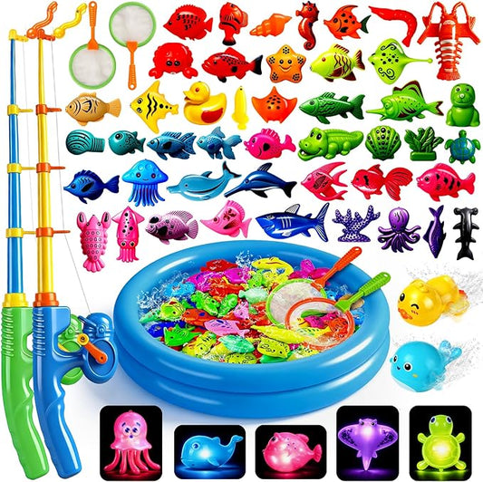 CozyBomB??Magnetic Fishing Toys Game Set for Kids | Water Table Bathtub Kiddie Pool Party Pole Rod Net, Outdoor Plastic Floating Fish, Toddler Bath Color Ocean Sea Animals Birthday Gift Age 3-5 6 4-8