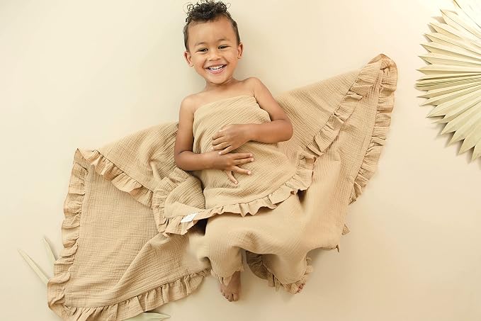 Leyl&Ari Toddler Blanket and Lovey Set | 100% Organic Cotton | Ruffled Blanket (Desert Sand)
