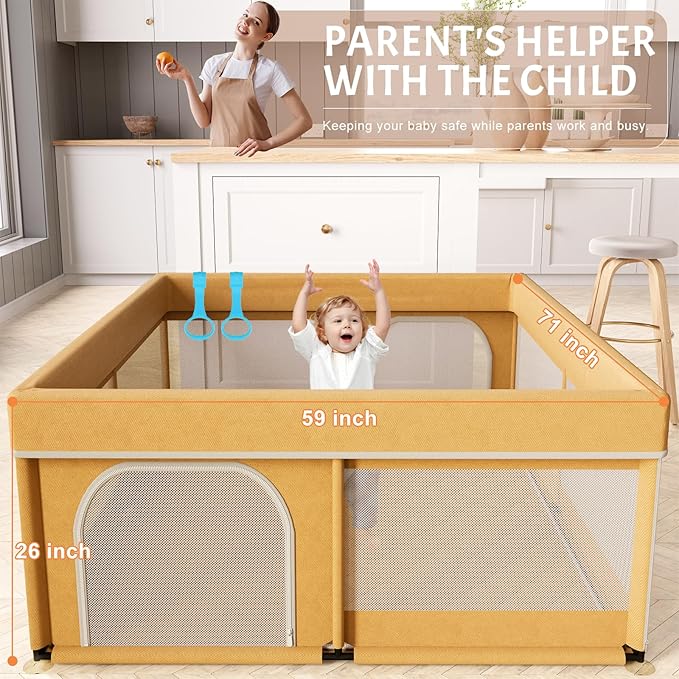 Omzer Baby Playpen with Mat 71"×59" - Extra Large Playpen for Babies and Toddlers with Mat Included, Safety Playard for Baby with Gate, All-Wrapped Soft Sponge Baby Gate Playpen with Stable Mat Velcro