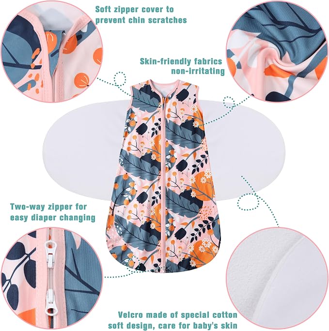 BSTOPPT Newborn Sleep Sack Baby Swaddle,3-Way Adjustable Wearable Blanket,100% Rayon Cotton Swaddling Sleeping Bag，TOG 0.5 (Gerbera & Tulips, 6-12 Months)