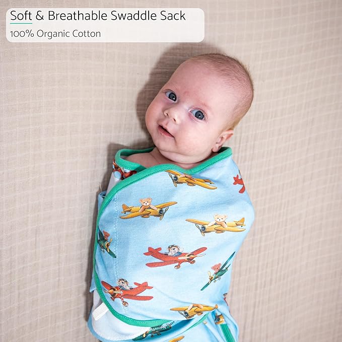 LollyBanks Baby Swaddles, 100% Cotton Baby Boy Sleep Swaddle, 3-6 Months Swaddle Sack for Boys with Easy Change Zipper, Newborn Sleep Swaddles Nursery Swaddling Blankets (Plane and Bear Print)