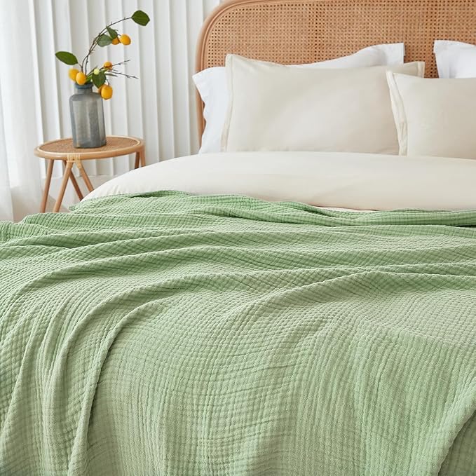 EMME Cotton Blanket Queen Size for Bed Soft Large Muslin Bed Blankets 90"x90" Lightweight Breathable Blanket Bedspread All Season Gauze, Sage Green