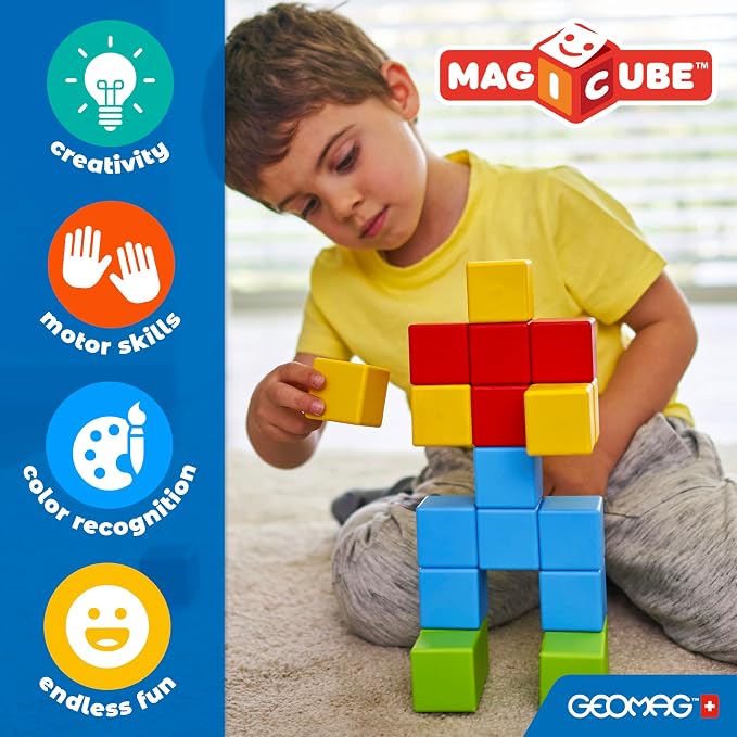 Geomag Magicube 8pcs Magnetic Blocks - Magnetic Building Blocks for Toddlers 1-3, Montessori Toys for 1+ Year Old, Autism Sensory Product, Magnets for Kids