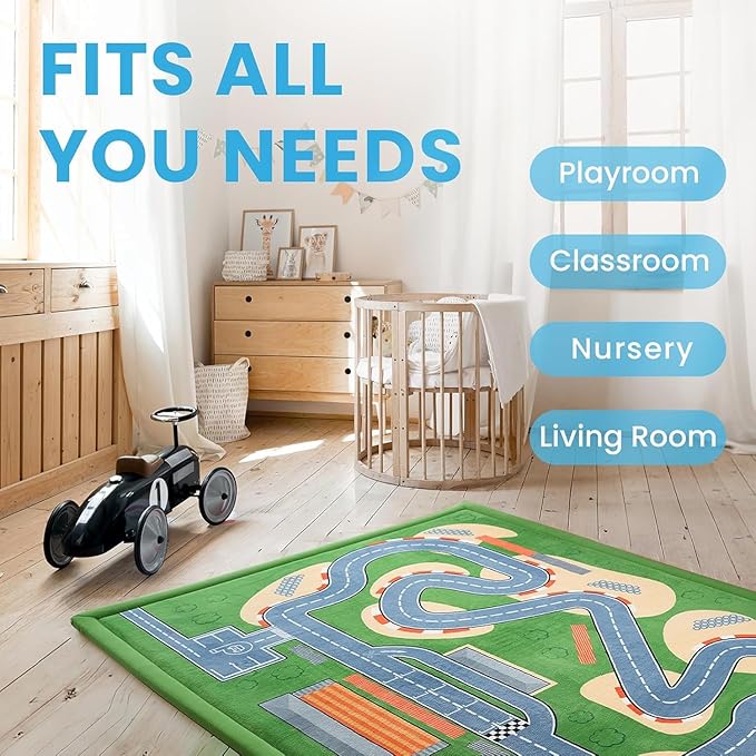 1.3" Thick Baby Floor Play Mat 79x158, Basic Padded Memory Foam Kids Mat, Extra Large Non-Slip Plush Playmat for Nursery Playroom Classroom (Race Track)