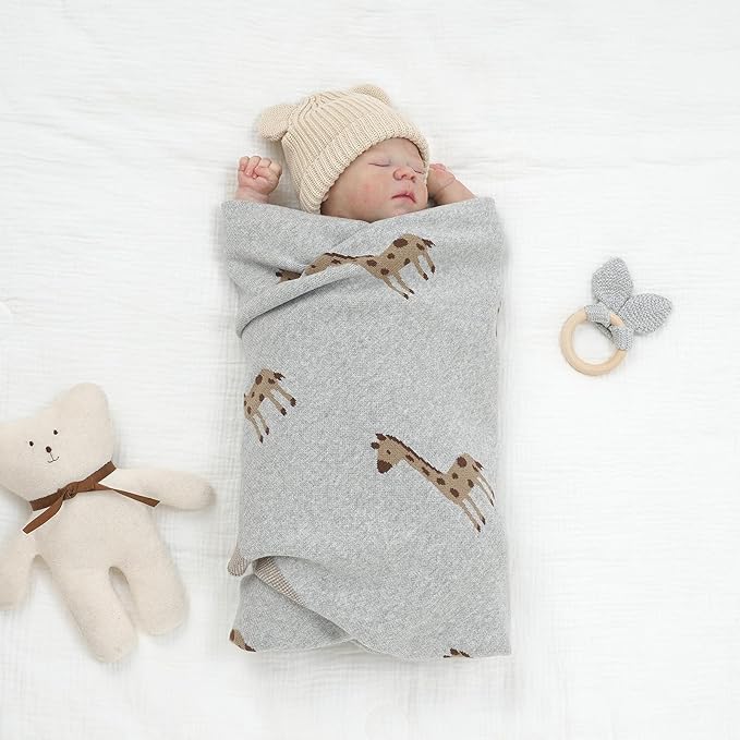 Opewod Soft Cotton Knit Baby Blanket with Cute Deer Print 40x30in Newborn Receiving Blanket Swaddle Cuddle Blanket for Crib, Stroller, or Nursery for Infants & Toddlers Light Grey