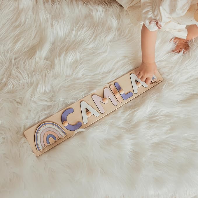 Personalized Name Puzzle Montessori Toys Nursery Decor Customized Puzzle Educational Toy for a 1 Year Old Gifts Kids Name Sign for Nursery Easter Present for Baby (Purple Pink)