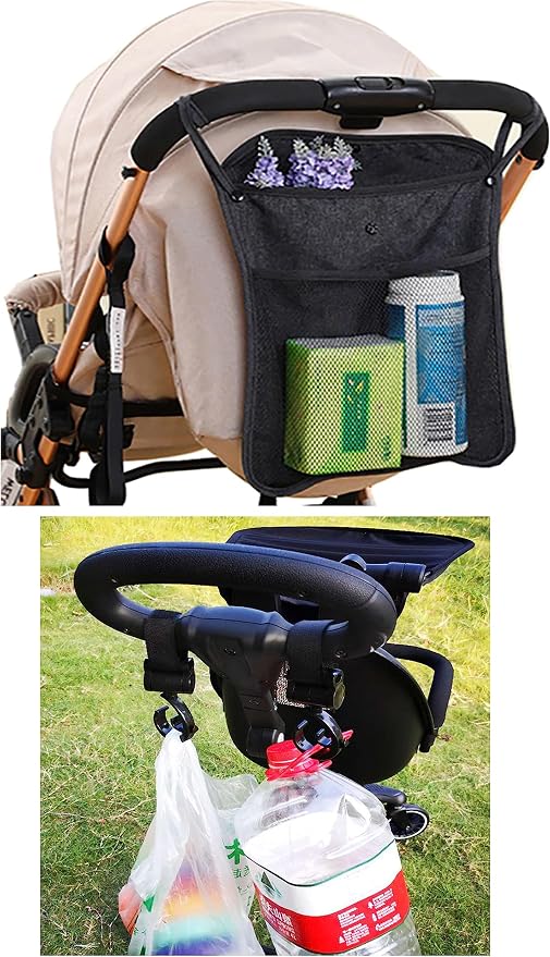 Baby Stroller Organizer With Two compartments Front Mesh Pocket for Bottle Nappy Diaper Storage, Detachable Straps,2pcs Organizer Hooks (Yellow)