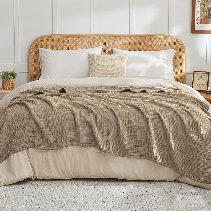 EMME Cotton Muslin King Blanket Bed Layering Bedspread Coverlet Breathable Gauze Soft Lightweight (Tan, 108"x90")