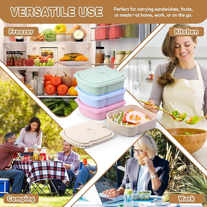 4 Pack Sandwich Containers, Silicone Snack Containers with Airtight Lids, Reusable Toast-Shaped Sandwich Box, BPA-Free, Dishwasher Safe, Food Storage Containers for Snacks & Fruits (B)