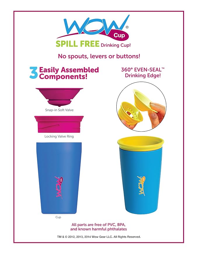 Wow Cup for Kids Original 360 Sippy Cup, Pink with Blue Lid, 9 oz