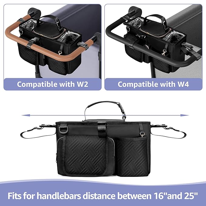 Parent Console Stroller Organizer Compatible with WONDERFOLD W2&W4&X, Wagon Stroller Caddy with 2 Insulated Cup Holders, A Removable Cooler Bag, Black (Empty Bag)