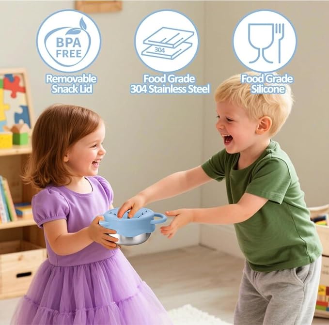 2-Pack Stainless Steel Toddler Snack Cups ??Wide Mouth Spill-Proof Snack Containers with Silicone Lid & Dual Handles for Travel (Blue & Sage)