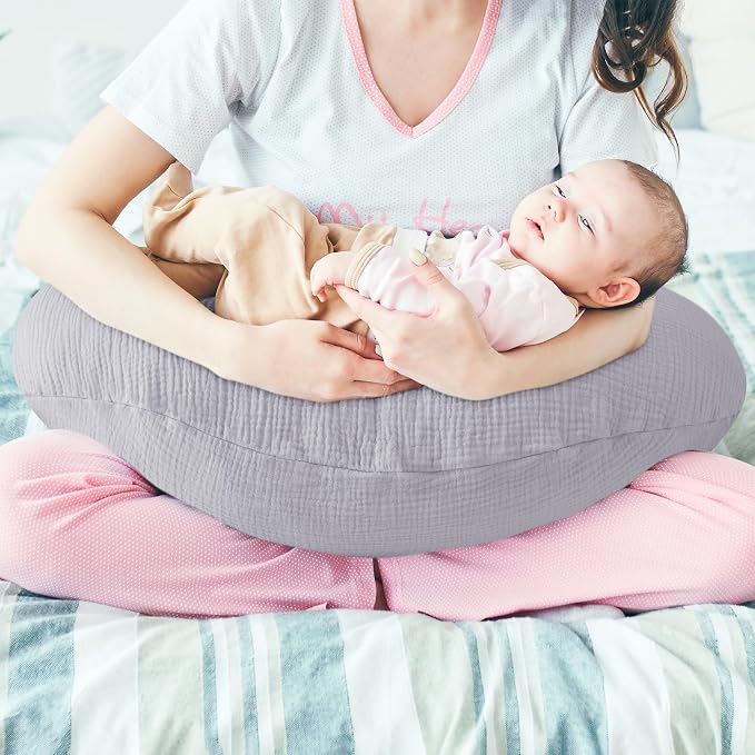 Pro Goleem Muslin Nursing Pillow Cover, 100% Cotton Soft Breathable Feeding Pillow Slipcover for Breastfeeding Moms, Fits Standard Infant Nursing Pillow, for Boys and Girls, 2 Pack (Grey＆Green)
