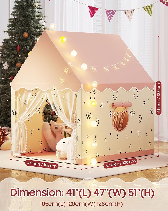 Kids Play Tent, Princess Tent Indoor Playhouse Set with Star Lights, Ball Lights, Colorful Flags, Butterflies - Pink Tents for Kids Toddle Castle for Girls Toy House Gift