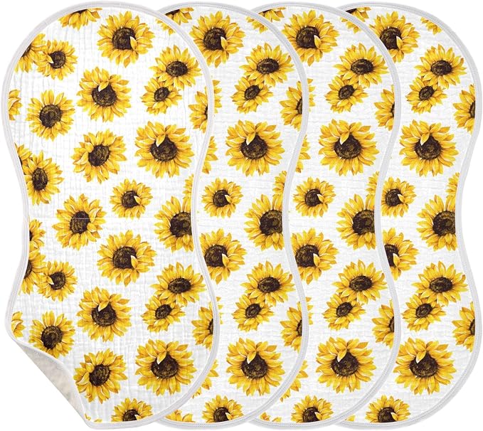 Muslin Burp Cloths for Baby Boys and Girls - 4-Pack Ultra Absorbent Sunflower Muslin Washcloths, Newborn Towel, Milk Spit Up Rags, Burp Cloth Bib for Unisex, 22 x 11 Inch