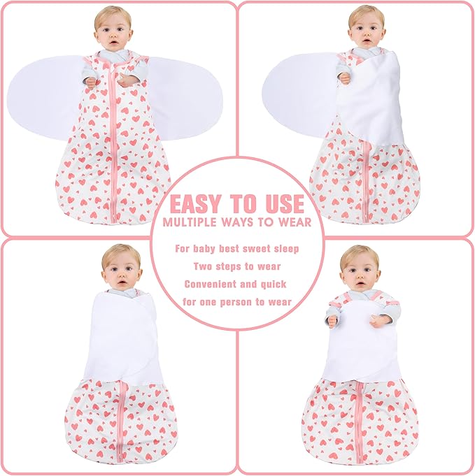 BSTOPPT Newborn Sleep Sack Baby Swaddle,6-12 Months,3-Way Adjustable Wearable Blanket,100% Rayon Cotton Swaddling Sleeping Bag，TOG 0.5（Heart&Floral）