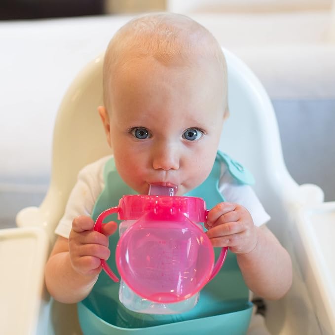 Dr. Brown’s Milestones Baby’s First Straw Cup, Training Cup with Weighted Straw, Coral, 6m+ & Transition Sippy Cup with Soft Spout - Pink - 6oz - 6m+