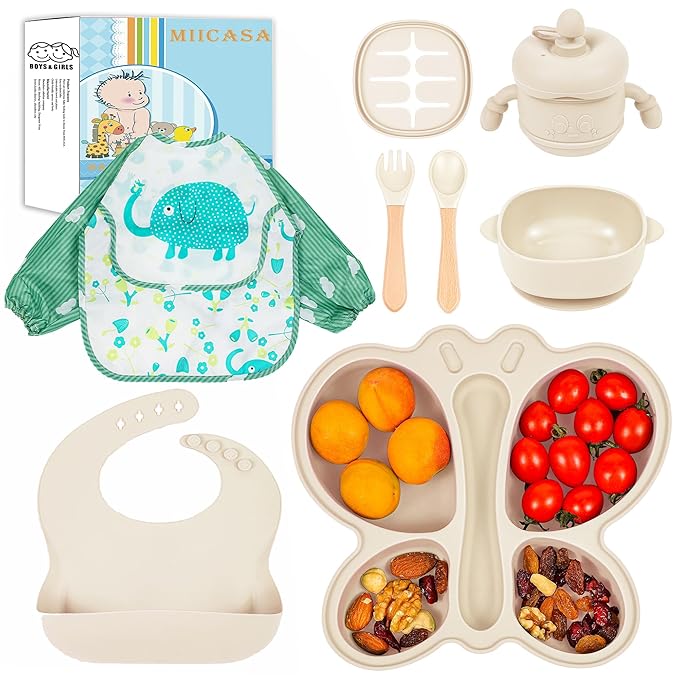 Silicone Baby Feeding Set, Baby Led Weaning Supplies, Silicone Suction Butterfly Plate, Bowl, Spoons, Fork and Waterproof Bib & Cloth Bib, Eating Utensils Baby Feeding Essentials (Beige)