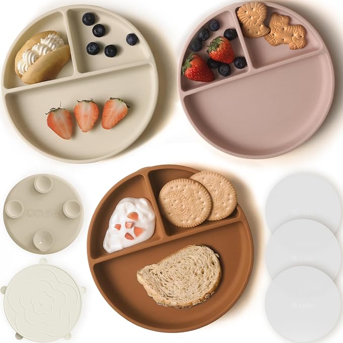 Moonkie Suction Plates for Baby 3 Pack and Silicone Baby Spoons Set of 4, 100% Silicone BPA-Free Baby Plates with Lids & Food Cover and Two Sizes Feeding Spoon with Case, Bundle