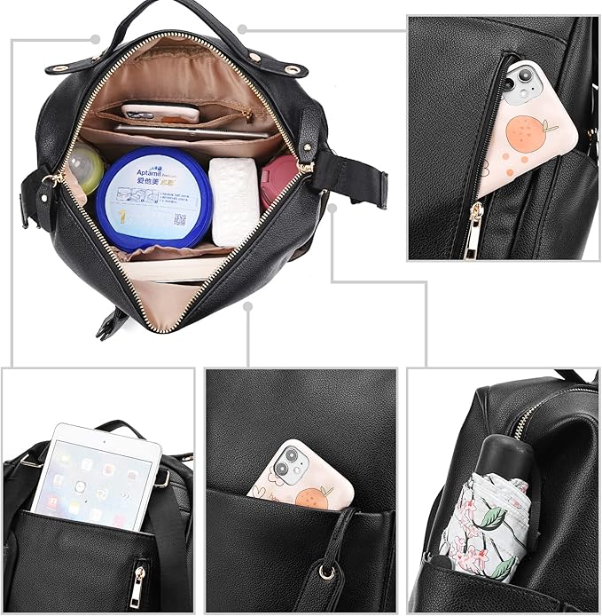 Diaper Bag Backpack Leather Backpack for Women Travel Baby Bag Mother Outdoor Backpack with Changing Pad Stroller Straps(2 pieces) Black
