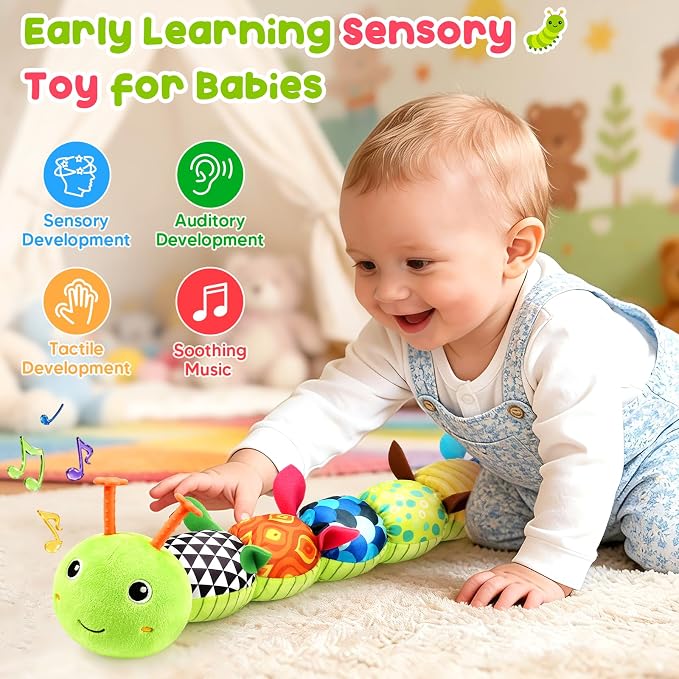 Baby Sensory Toys 0-6 6-12 Months, Stuffed Musical Caterpillar Animal Toys for Babies 3-6 Months with Rattles Crinkle Squeaker, Infant Tummy Time Toys for Newborn Baby Boy Girl Gifts, Green