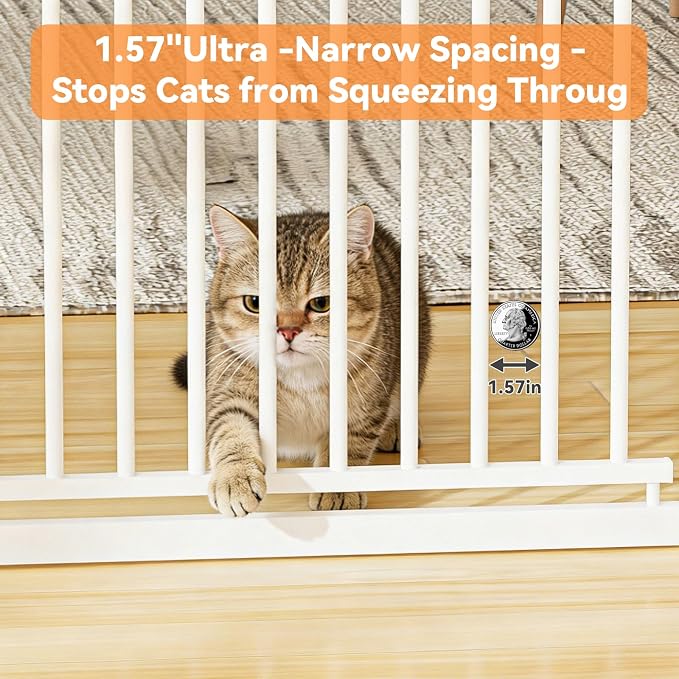 Snuowu 51"-87" Extra Tall Pet Gate for Cats, 29.5"-40.5" Wide Pressure Mounted No-Drilling Safety Dog Gate, Metal Walk-Thru Barrier for Doorways, Stairs, Kitchens, White