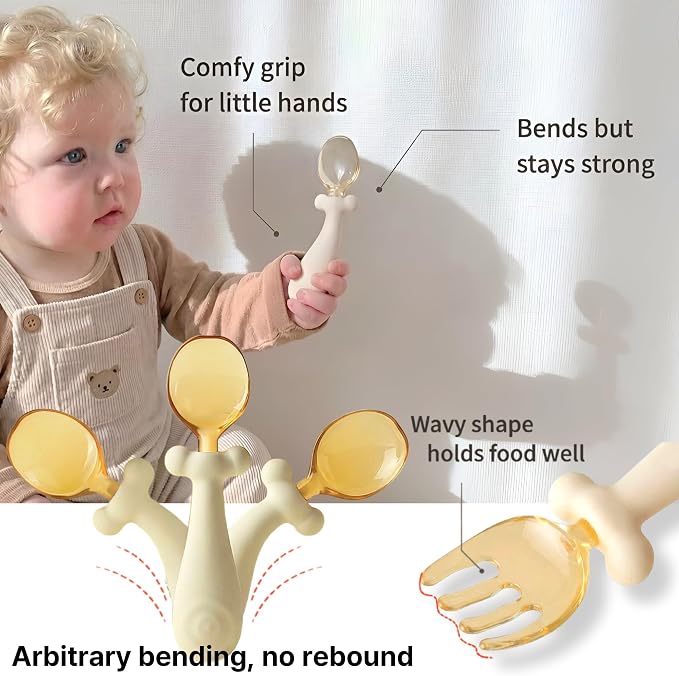 Baby Silicone Spoon & Fork Set with 360° Bendable Utensils, Suction Bowl, BPA-Free PPSU Case Included, Self-Feeding Training Set for Infant & Toddler (Milk White)
