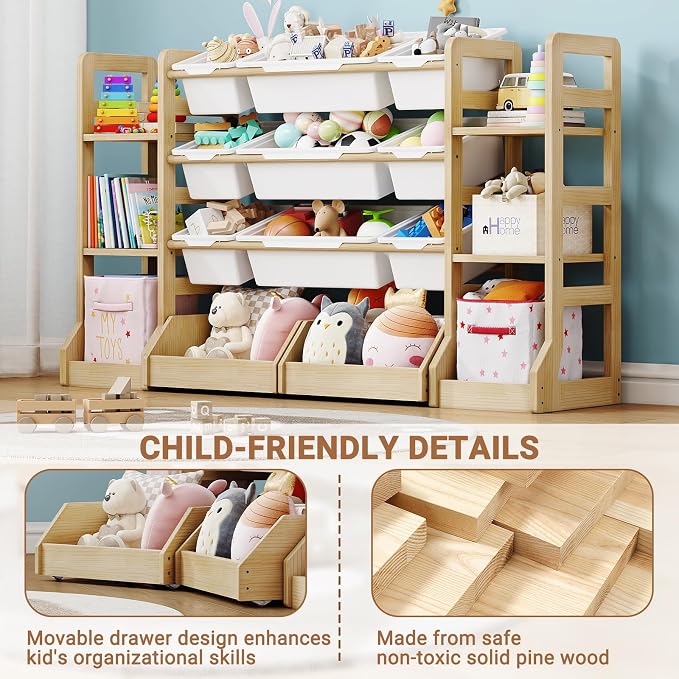 Kids Toy Storage Organizer with Bookshelf, Wooden Toy Shelf with 6 Shelves and 9 Bins and 2 Wheeled Drawers, Extended Base Storage Cabinet for Playroom, Kids Room, Nursery Organization