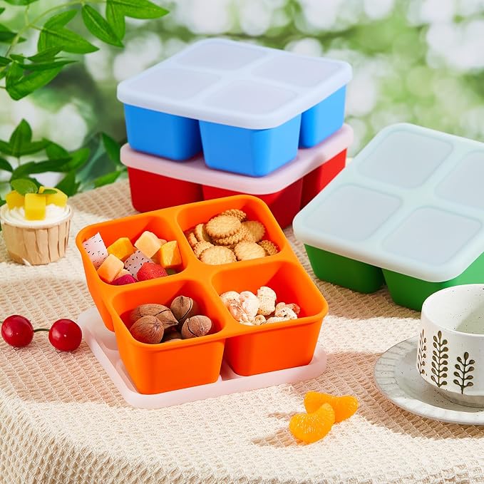 Roshtia 4 Pack Silicone Food Containers with Lids, Reusable Thickened Bento Lunch Box Packs for Meal Prep Food Storage, Microwave Dishwasher Safe(4 Compartment,Bright)