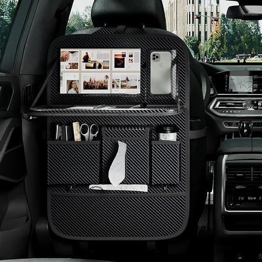 GMQ Back Seat Car Organizer 1 Pack,Backseat Organizer with Tray,Multifunctional Car Seat Back Storage Box with Foldable Tablet Holder (Carbon Black, Weave)