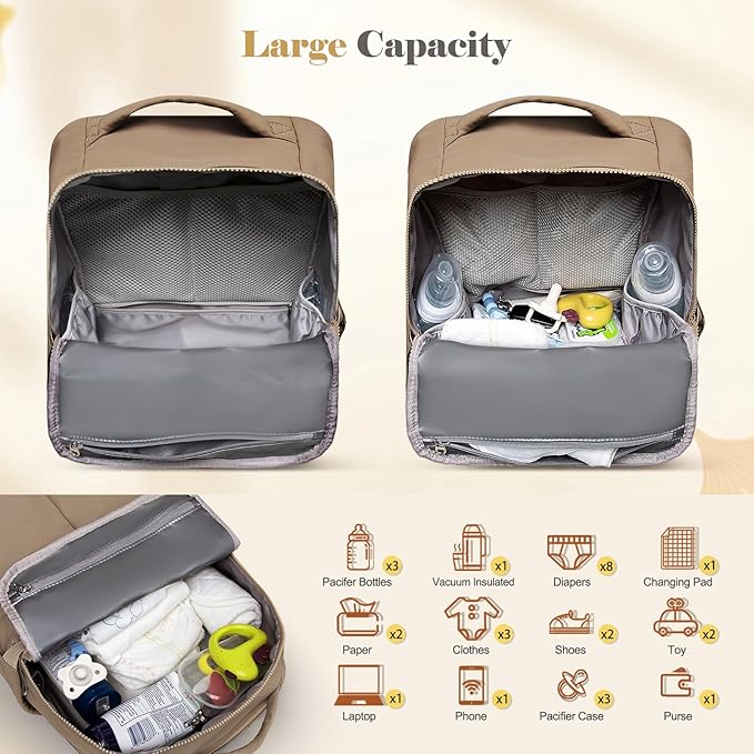 Diaper Bag with Changing Pad Baby Bag for Mom Lightweight Versatile Travel Backpack,15 Pocket,2 Insulated Pockets,Baby Shower Essentials,Brown