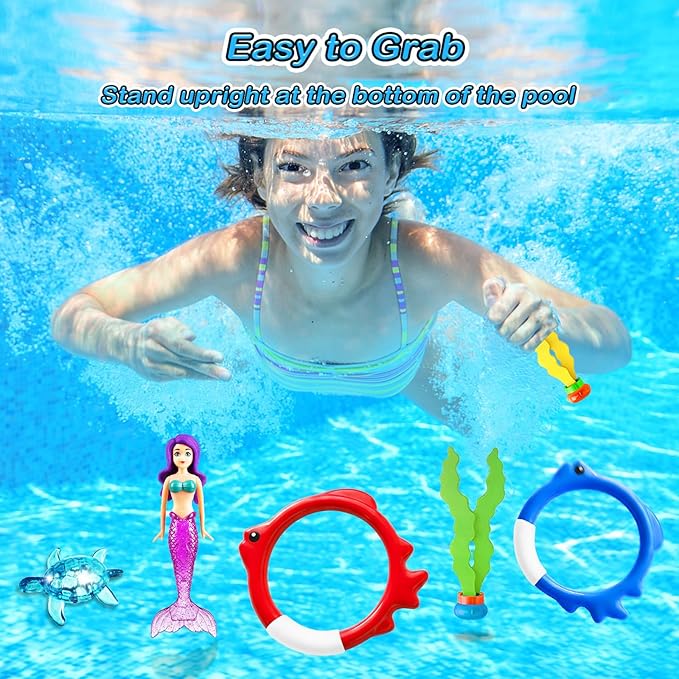 Jasonwell Pool Diving Toys Games - 20PCS Swimming Mermaid Pool Toys with Dive Rings Gems Beach Ball Underwater Treasures Seaweeds Fish Swim Toy etc Bath Water Toy Training Gifts for Kids Adult