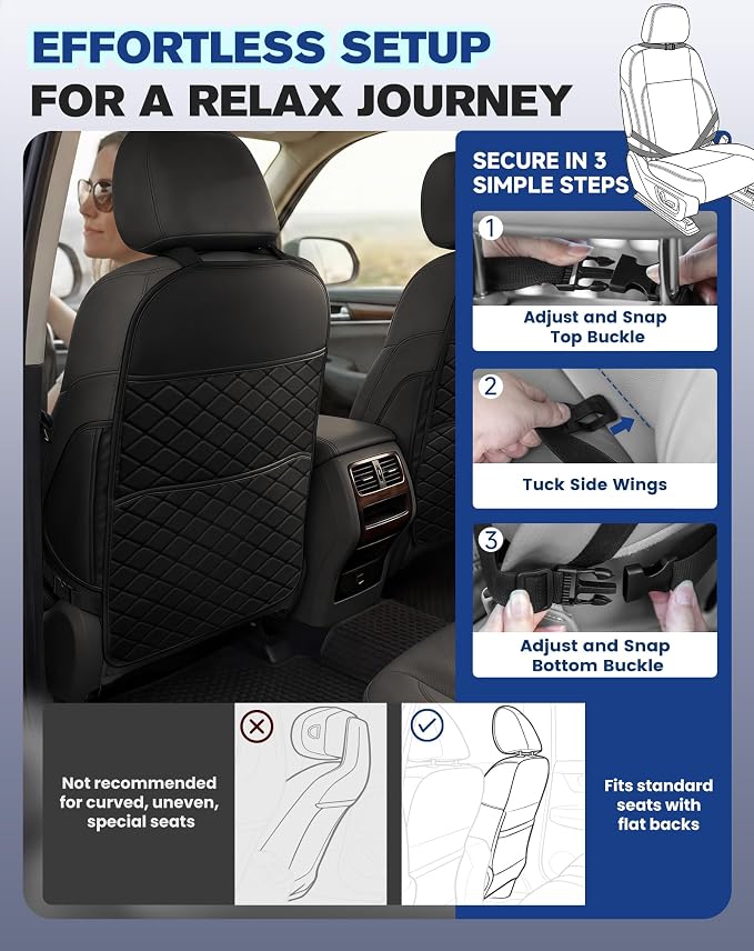 Seat Back Protectors for Kids, Car Kick Mats for Back of Front Seats with Large Pocket Organizer, Waterproof, Protects Against Dirt, Scuffs & Scratches, Fits Most Vehicles, 2PCS (Black)