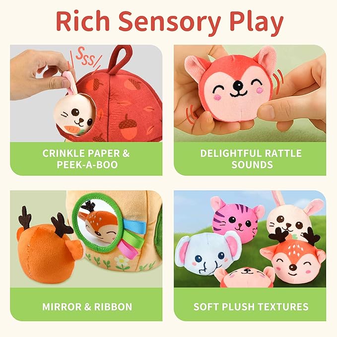 Montessori Toys for 1 Year Old & 6–12 Months Babies, Sensory Developmental Playset with Acorn House, Plush Animals & Cloth Book, Valentines Day Gifts, Easter Basket Stuffers