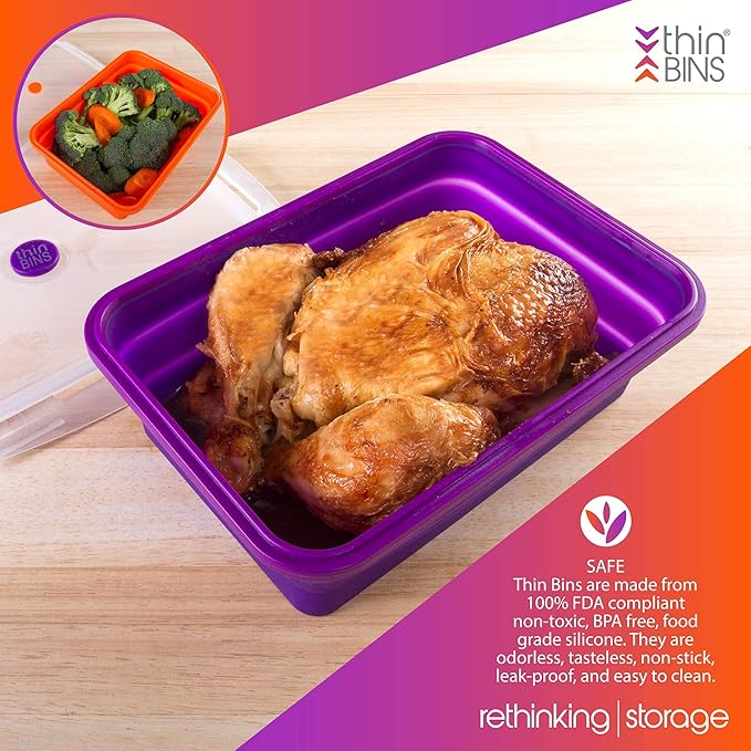 Kitchen Home Thin Bins Collapsible Containers ??Set of 2 Extra Large Rectangle Silicone Food Storage Containers ??BPA Free, Microwave, Dishwasher and Freezer Safe