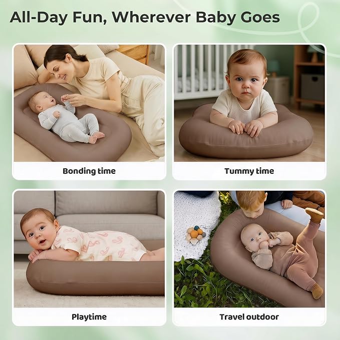 Infant Support Cushion - Baby Support Cushion for Newborn, 0-24 Months, Breathable Cotton Tummy Time Mat, Supervised Use, Portable Newborn Essentials for Home and Travel, Brown (Cover Included)