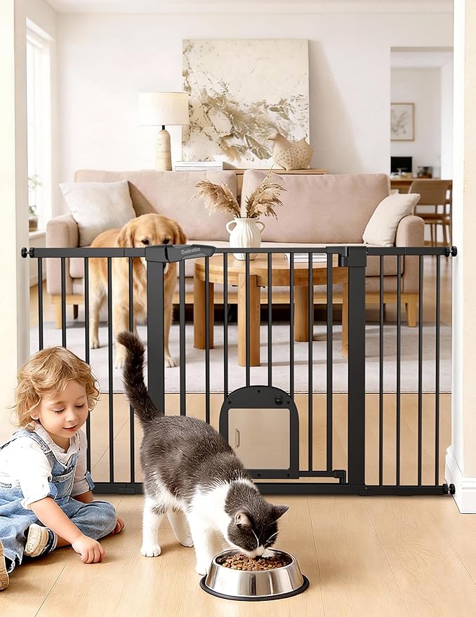 Babelio Baby Gate with Cat Door, CatPrivilege ?? Extra Wide 29-55" Cat Gate, 30" Tall Pressure Mounted Safety Gate for Large Openings, Stairs & Doorways, Auto Close, Black