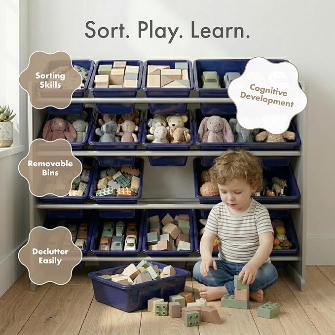 Humble Crew Supersized Toy Storage Organizer with 16 Removable Bins, Grey/Navy ??Large Toy Storage for Toddlers Ideal for Kids' Rooms, Playrooms, and Nurseries - Modern Toy Bins for Kids