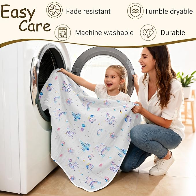ZPECC Muslin Toddler Blanket Thicker, 47x47 Organic Cotton Kids Quilt Hypoallergenic for Baby Essentials Crib Stroller Daycare Cot, Unicorn