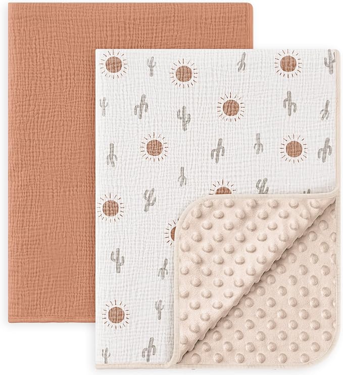 Susurration Baby Blanket for Unisex Boys Girls, 2 Pack Soft Fluffy Crib Blankets with Muslin Cotton Front and Dotted Fleece Back, Receiving Blanket for Baby Newborn Infant, 30x40in, Beige Sun&Brown