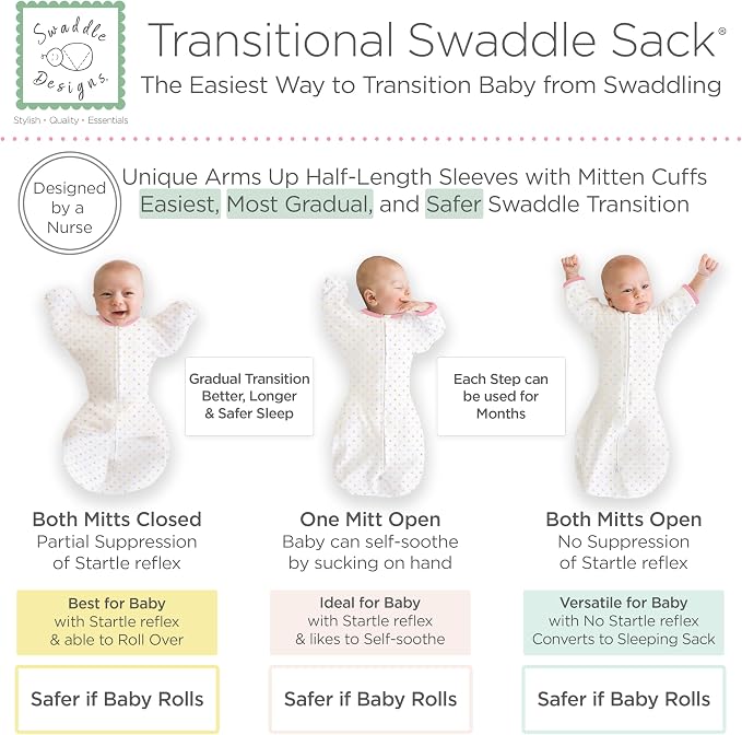 SwaddleDesigns Transitional Swaddle Sack, Arms Up Half-Length Sleeve Mitten Cuff, Most Gradual Transition Swaddle for Newborn
