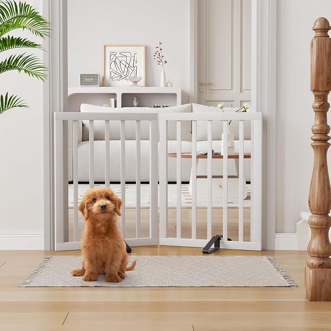 Semiocthome Bamboo Dog Gates Indoor 2-Panel Freestanding Puppy Gates for The House with 2 Metal Stands 24" H Folding Wood Pet Gate for Stairs Doorway, Fully Assembled Safety Fence - White