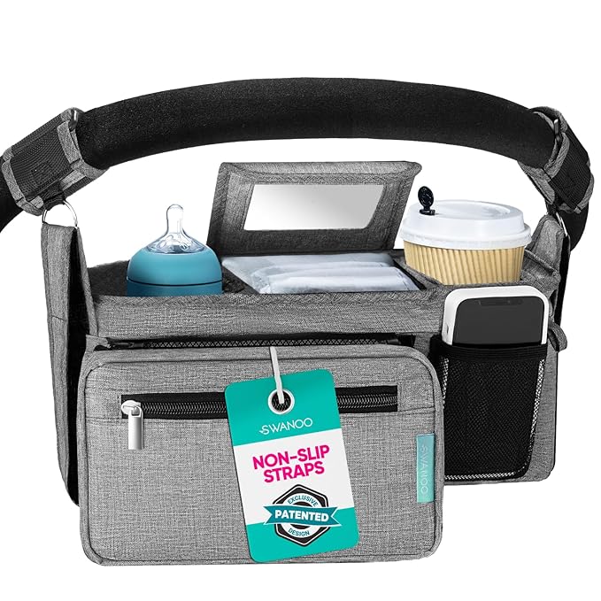 Swanoo Stroller Caddy Stroller Organizer With Cup Holder, Non Slip Straps Stroller Bag for Phone, Pet Stroller Accessories, Universal Fits Uppababby Vista v2 Wonderfold Wagon, Doona and More