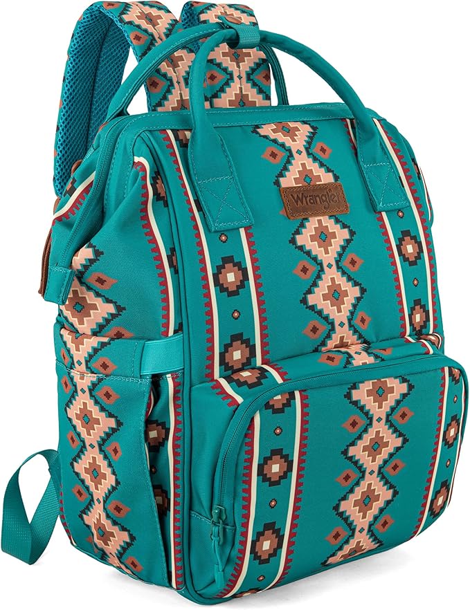 Wrangler Aztec Backpack Organized Daypack Travel Baby Bag with Stroller Strap and Side Bottle Pockets WG2204-9110GN