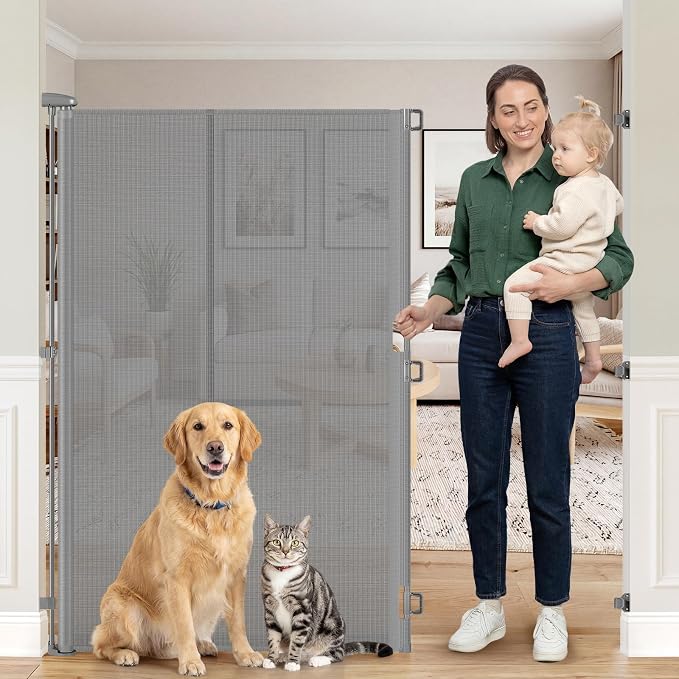 Reinforced 65" Extra Tall Baby Gate for Doorway, Jump-Resistant & Prevent Crawling Underneath Retractable Pet Gates Extra Tall, 0-55" W Retractable Dog Gate for Pets, Dogs, Cats, Puppies, Babies, Gray